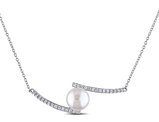 White Freshwater Cultured Pearl 10-10.5mm and Created White Sapphire Bypass Necklace In Sterling Silver